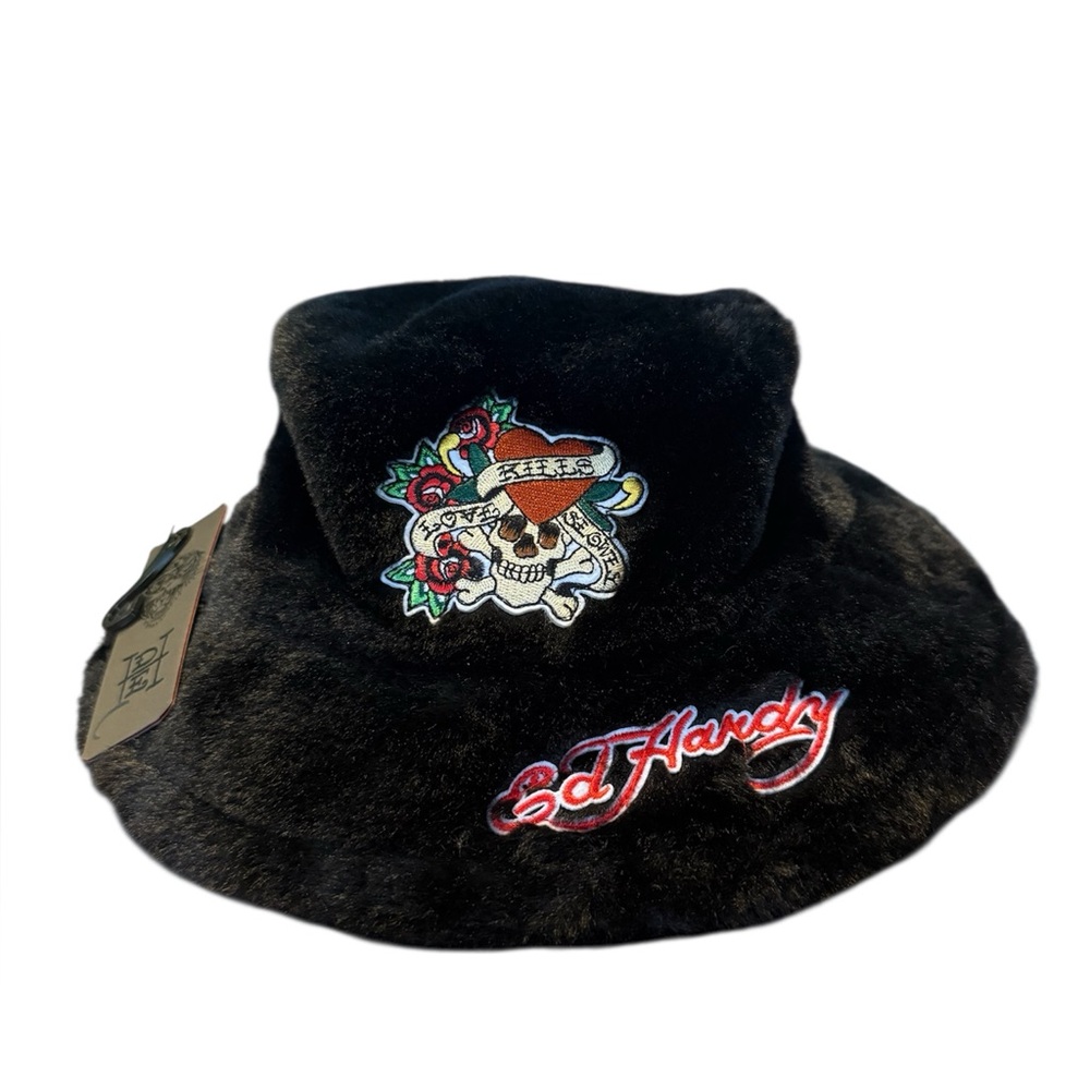 Ed Hardy Black Faux Fur Bucket Hat with Skull Patch